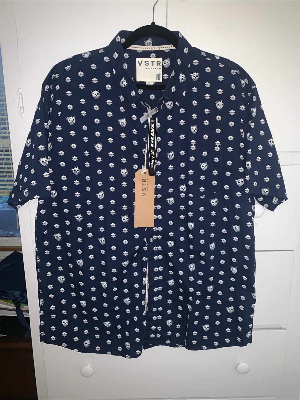 Navy Short-Sleeve Button-Down with White Micro Print panda 🐼 shaved ice